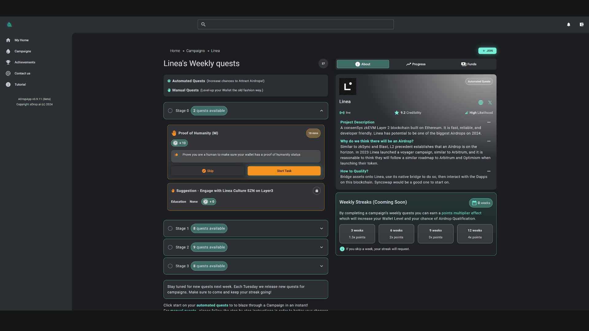 aDrop.ai screenshot: aDrop.ai weekly quests