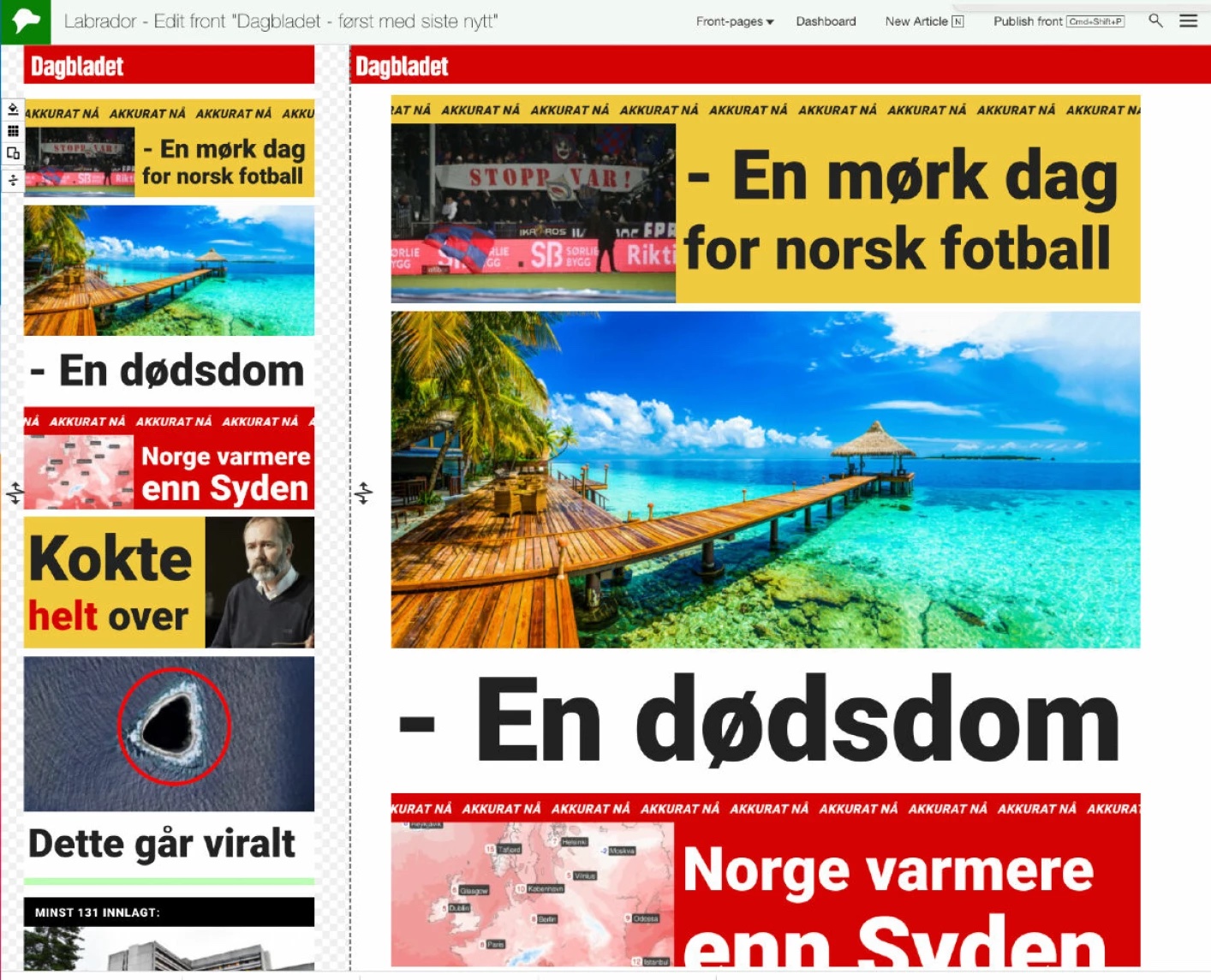 Labrador CMS in front page editing mode. Mobile pane to the left. Dekstop to the right. Visual editor.
