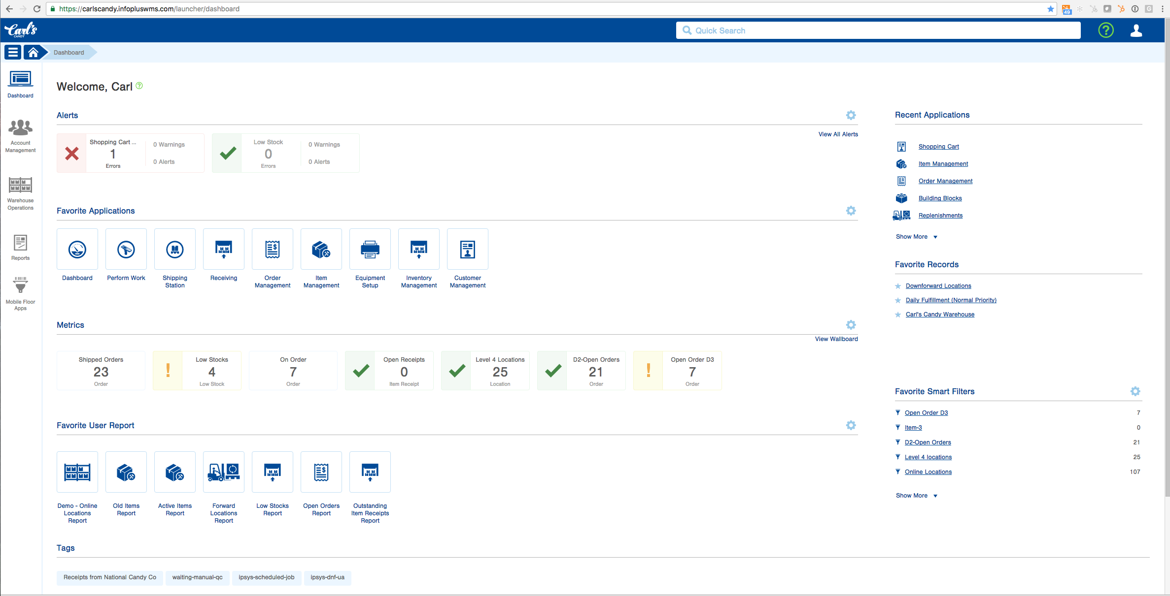 View of a user's dashboard. These are customizable per user based on the data they need to see at a glance throughout their day/week.