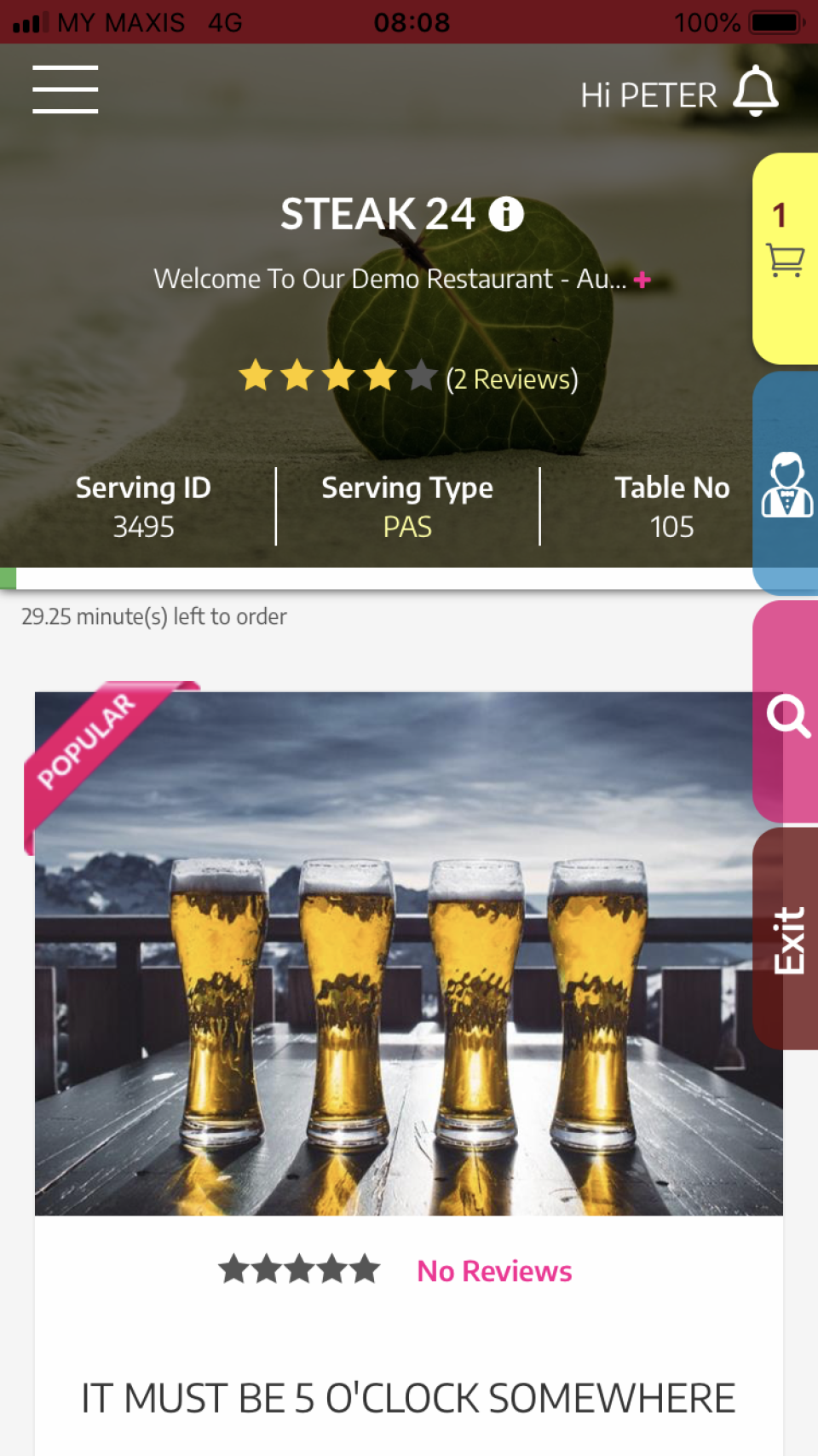 The digital menu lets customers order food from their mobile device