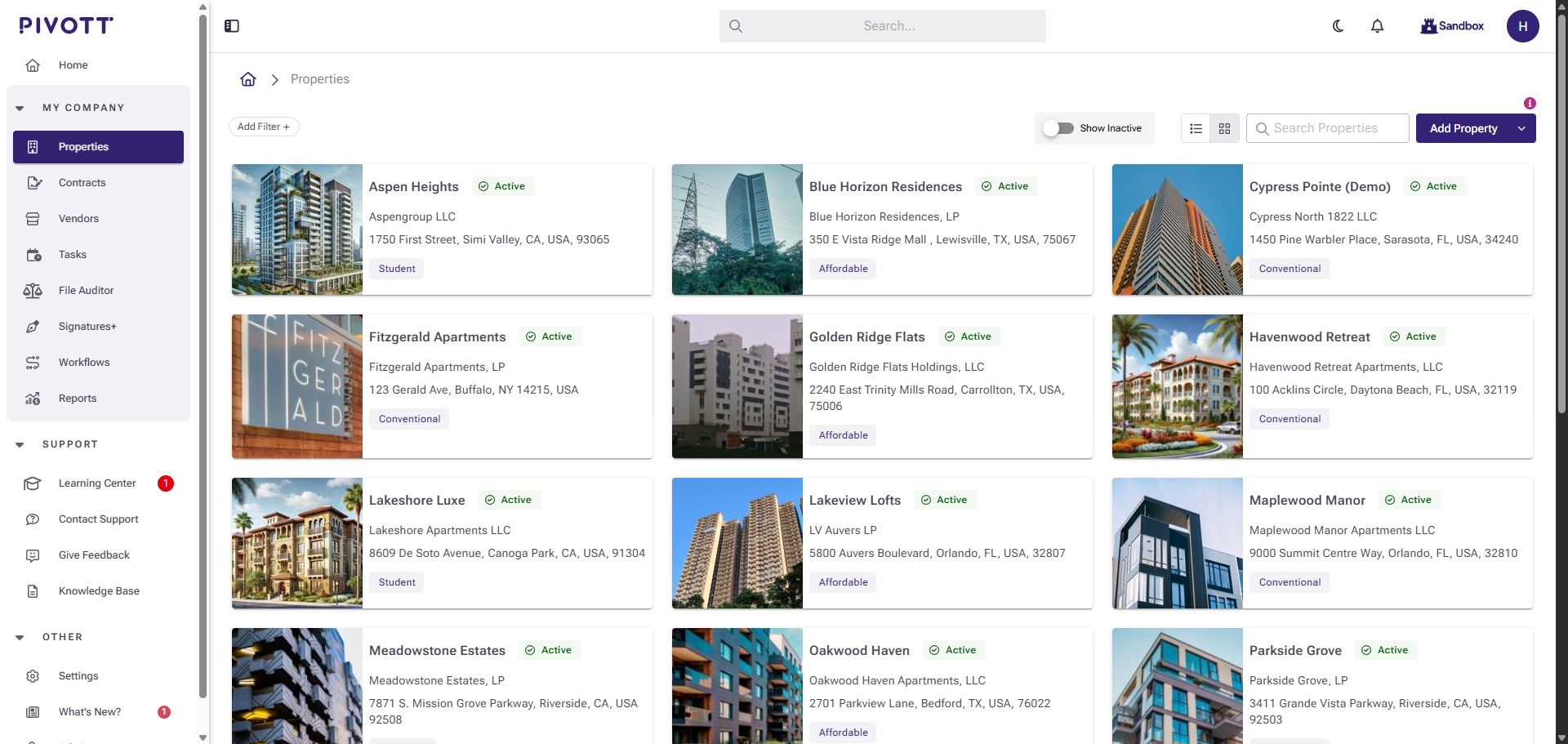 Pivott screenshot: Pivott manage properties
