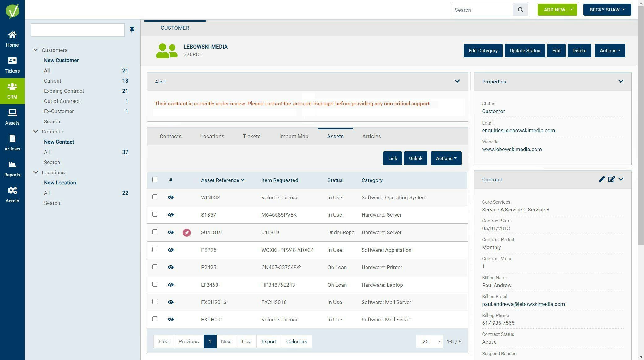 Vivantio Software - CRM Management (For Customer Service Teams). For other internal service teams, this can be disabled.