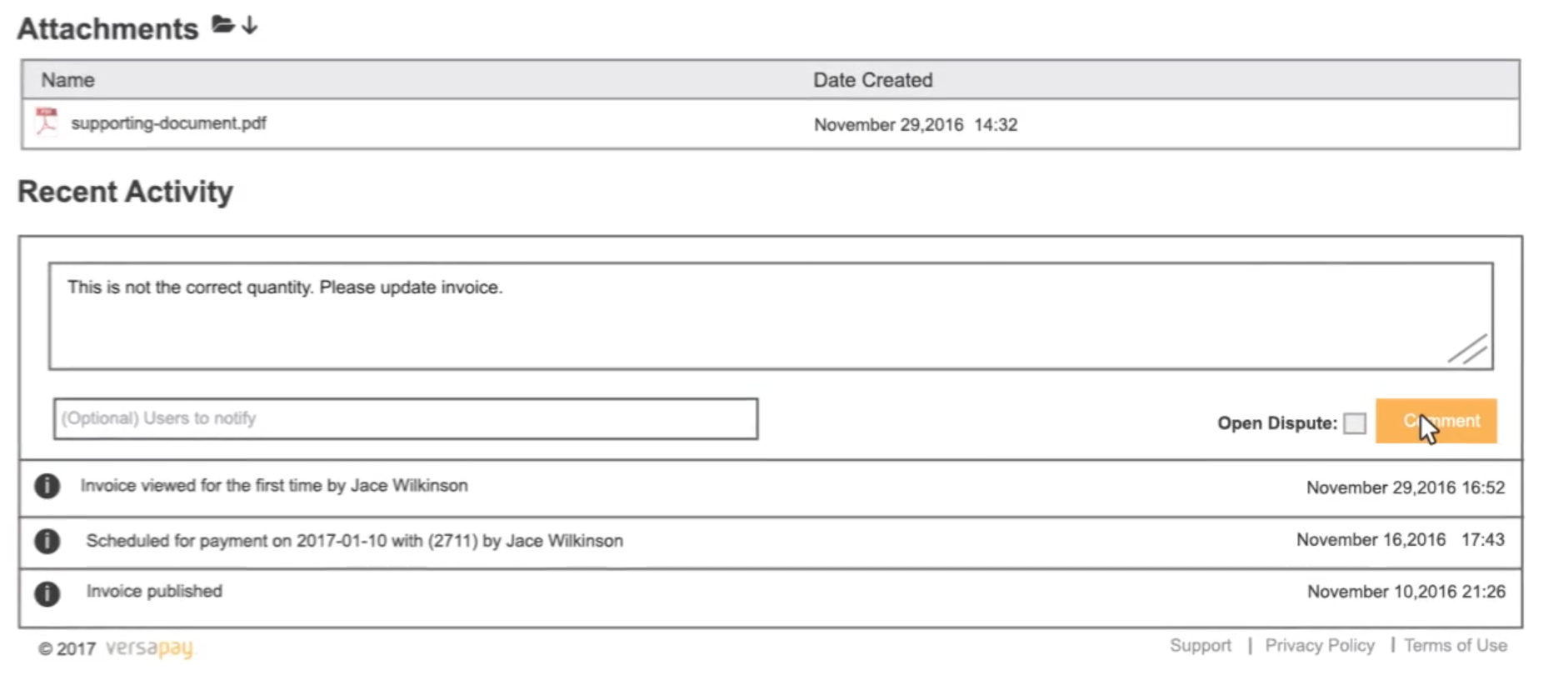 Attach supporting documents and track recent invoice activity