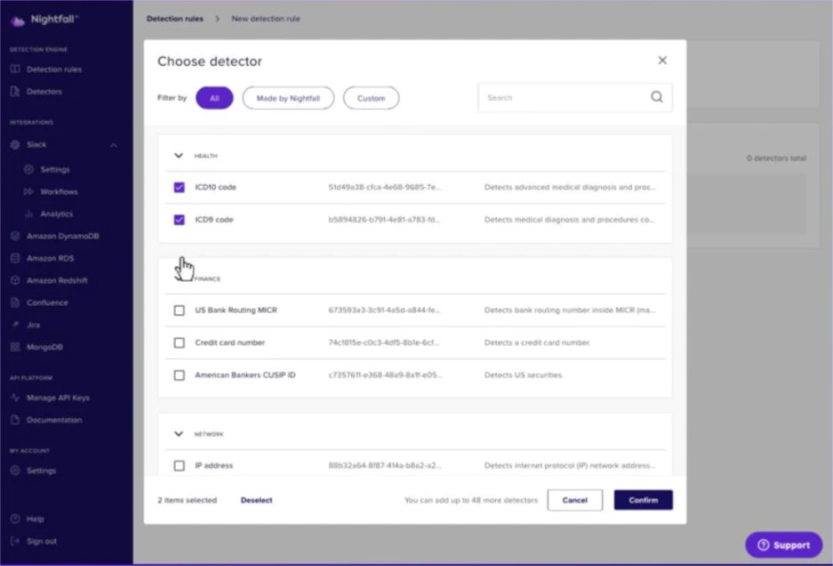 Nightfall AI screenshot: Nightfall DLP detectors