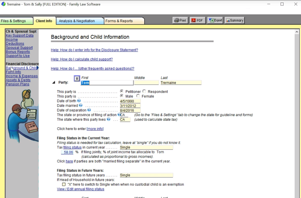 Family Law Software client details screenshot