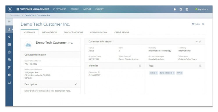 Kloudville screenshot: Customer details can be managed in Kloudville