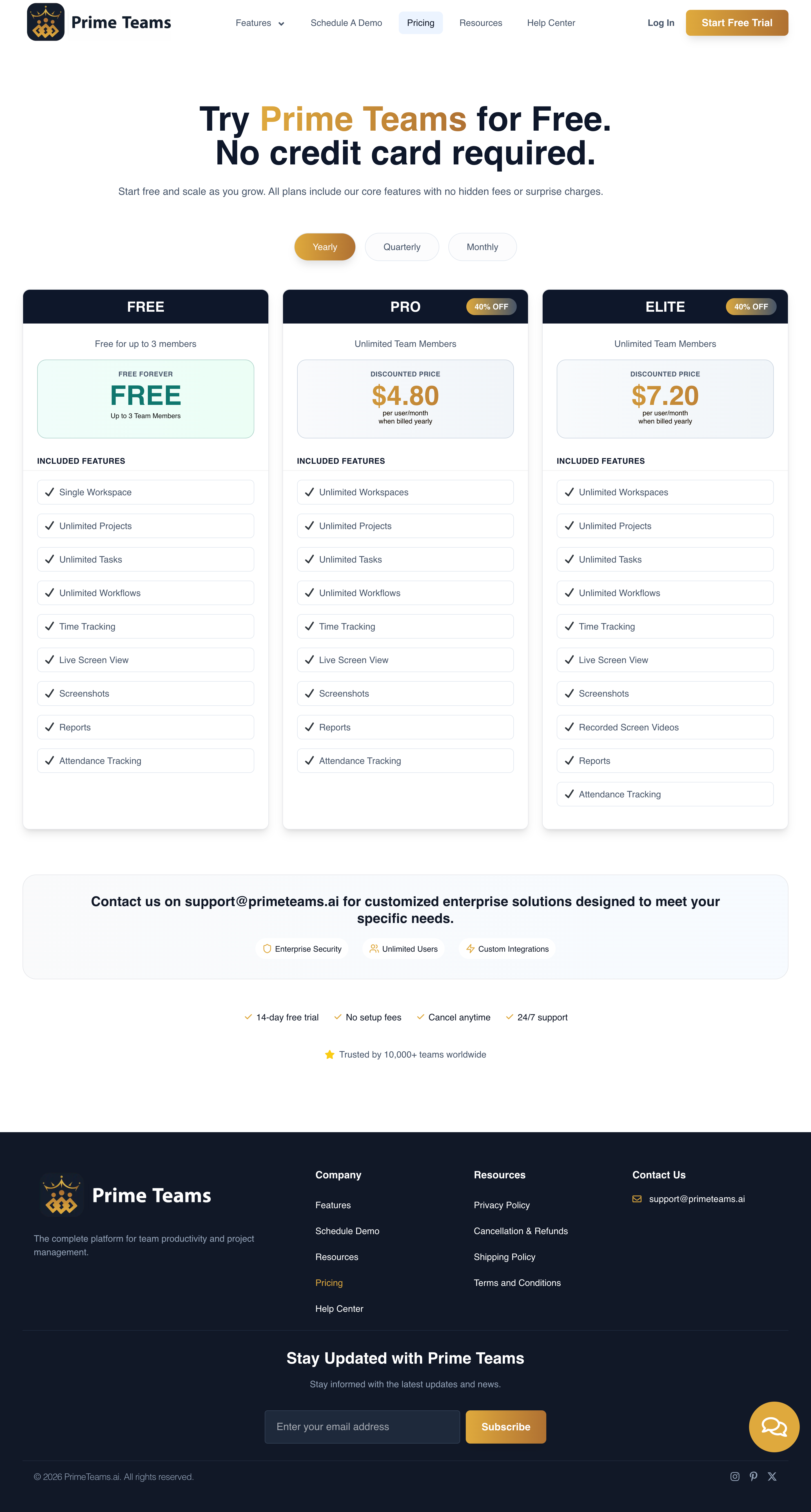 Prime Teams screenshot: Prime Teams - Pricing List