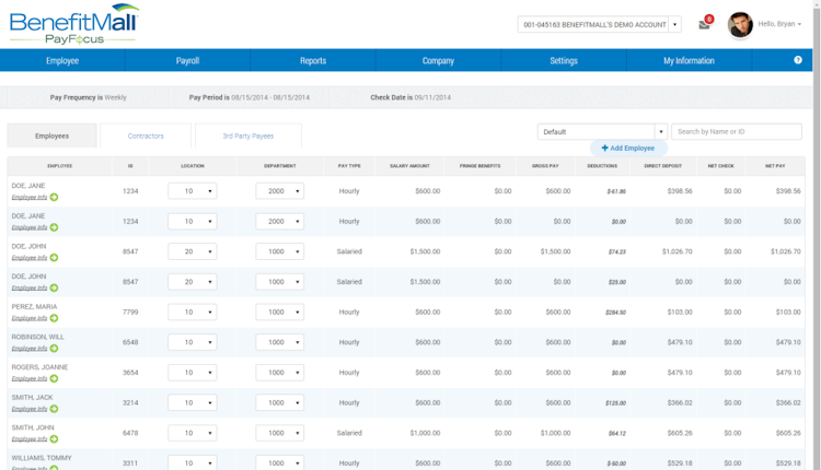 PayFocus screenshot: View a list of employees and their pay periods, salaries, deductions, and more