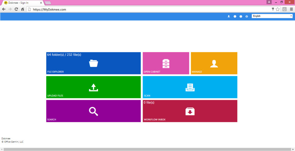 Dokmee DMS screenshot: HOME SCREEN: 
Very user-friendly interface, available in multiple languages.