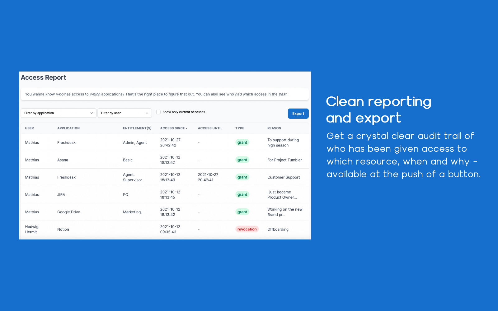 Clean reporting and export