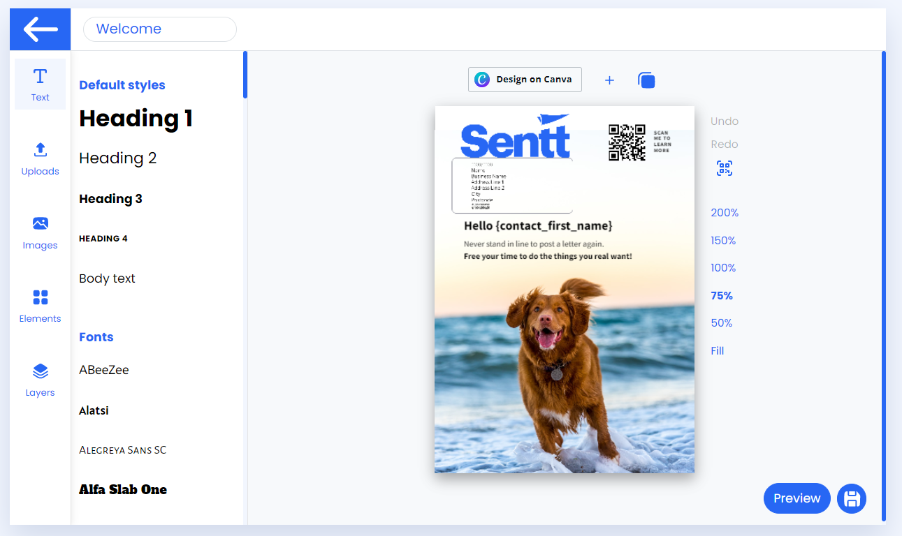 Sentts' powerful designer allows you to create dynamic autofill templates for sending multiple contacts
