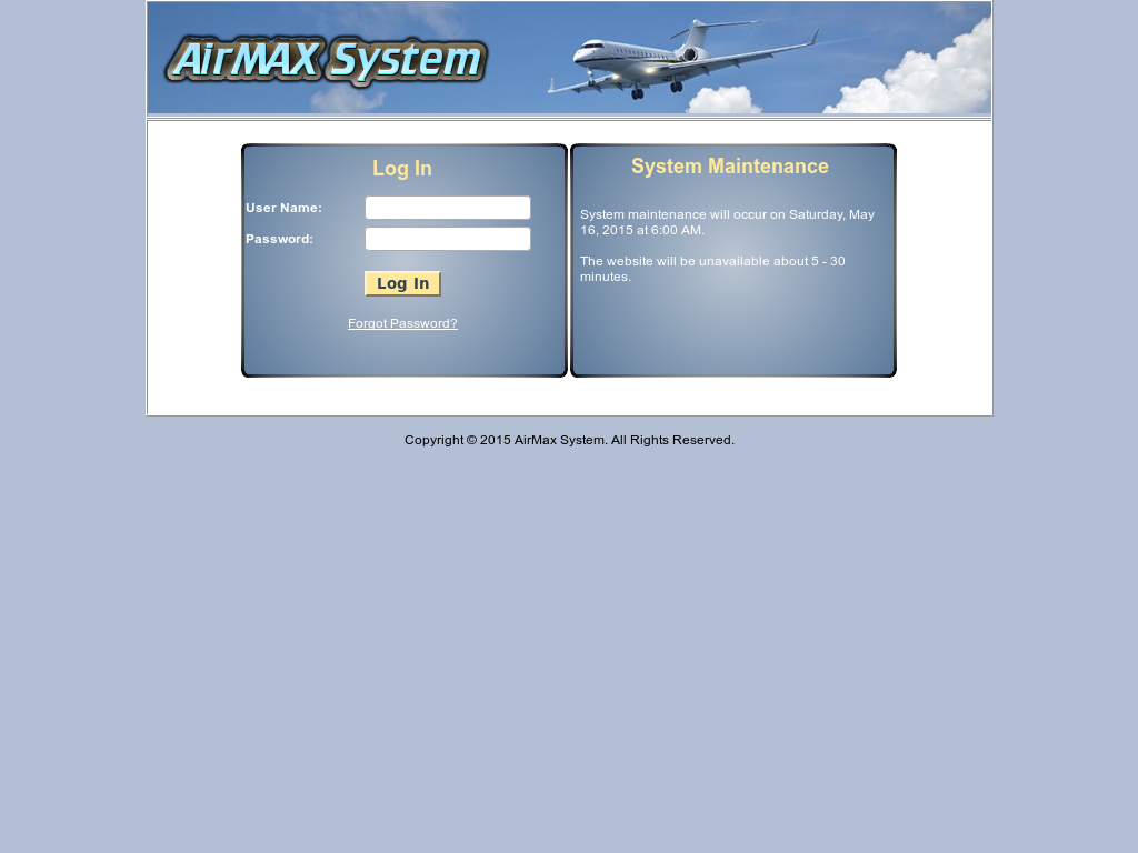 AirMAX Flight Management System screenshot: AirMAX Flight Management System login page screenshot