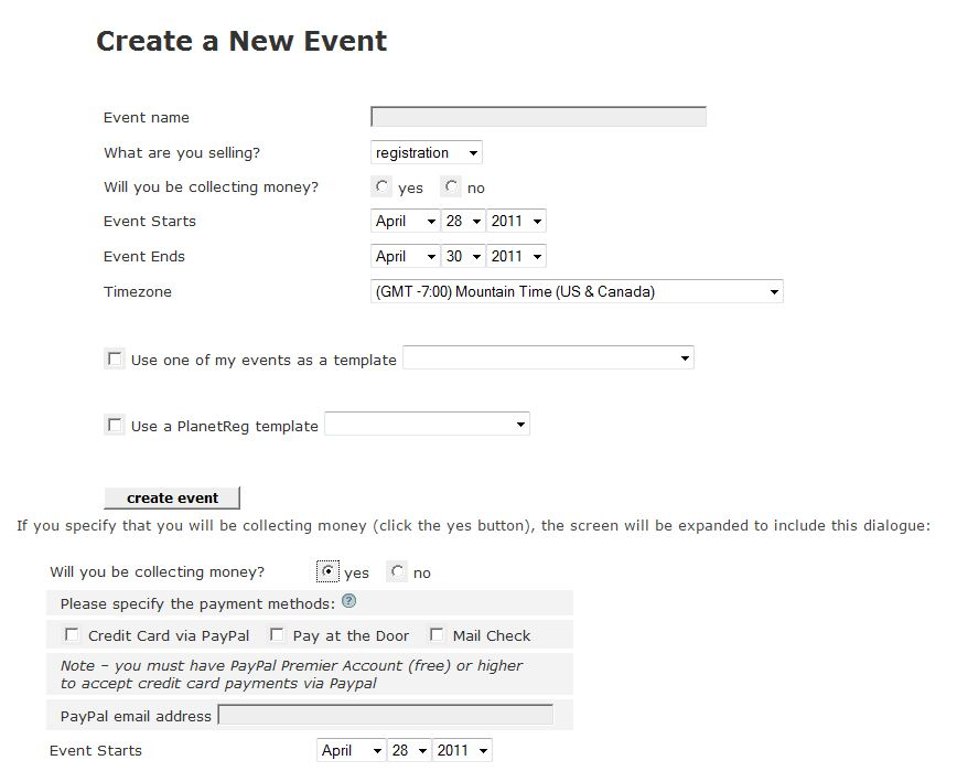 PlanetReg screenshot: PlanetReg - Creating a new event