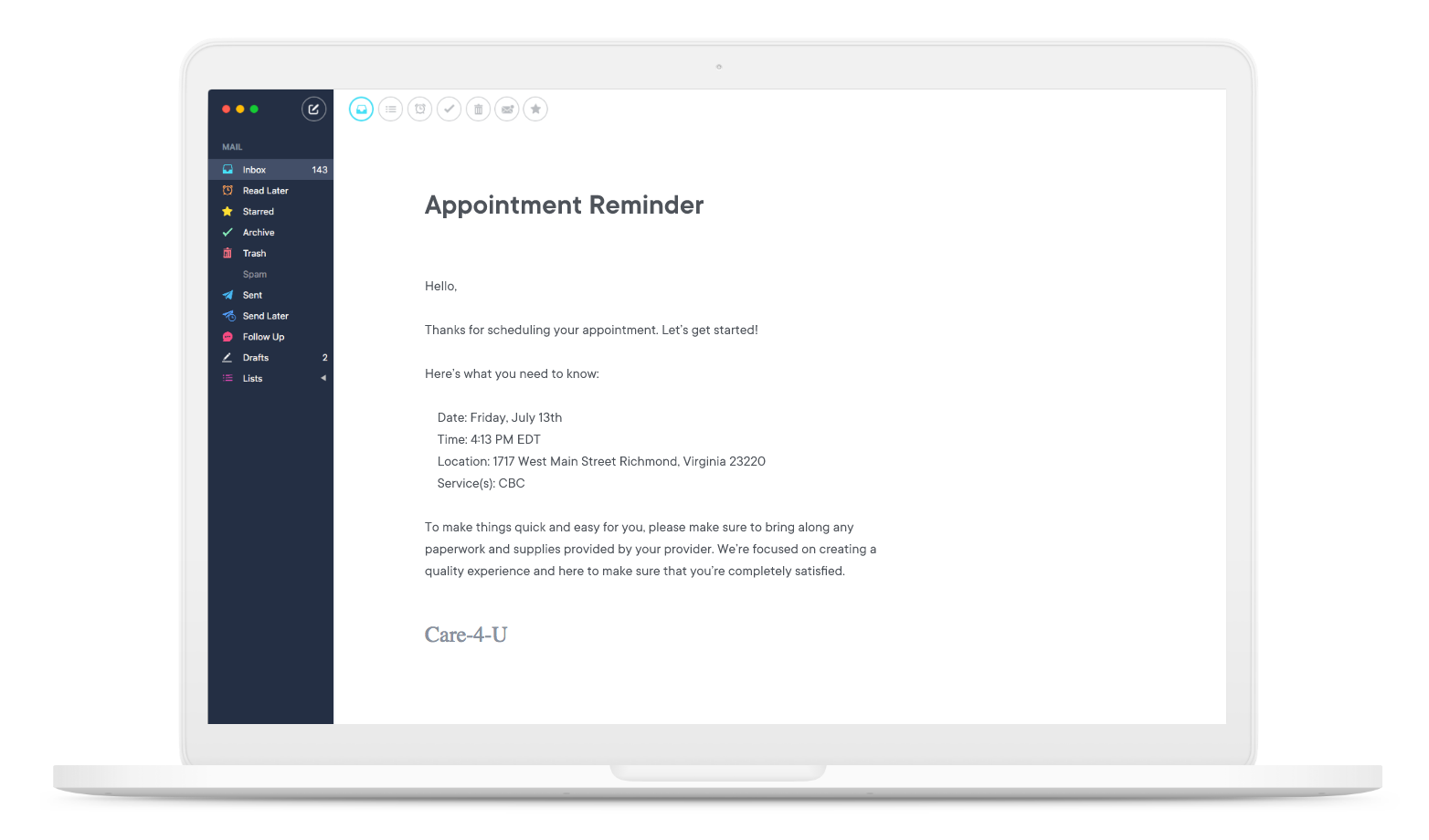An example of an emailed appointment reminder notification, confirming a scheduled appointment by date and time