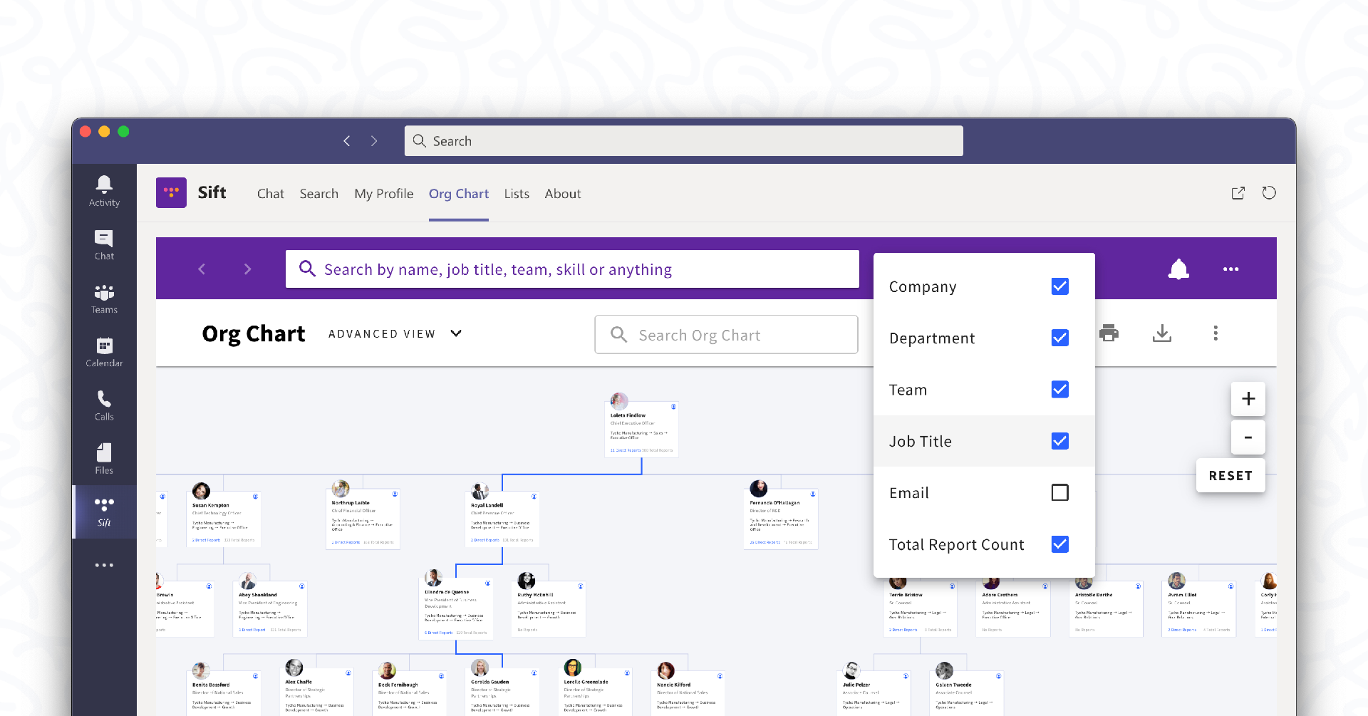 Microsoft Teams application that brings expanded employee search within the Teams Search bar, an org chart of the entire organization (not just direct reports), and rich profiles all directly within MS Teams.