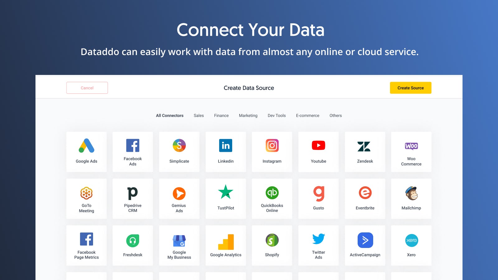 Dataddo Software - Dataddo can easily work with data from almost any online or cloud service, including Salesforce, HubSpot, Quickbooks, SurveyMonkey, Google Analytics, Facebook, and Atlassian Jira.