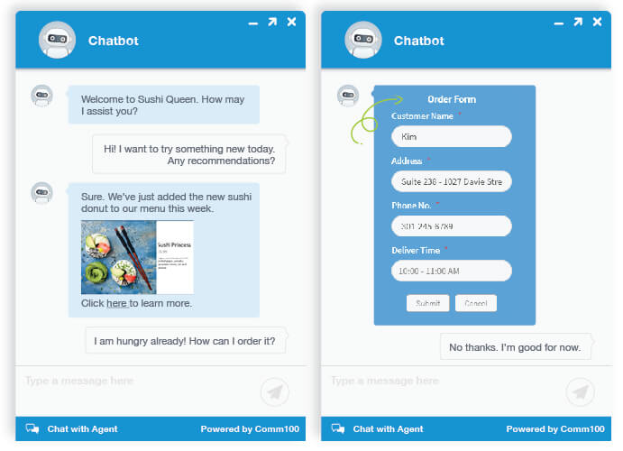 Comm100 Chatbot user interface screenshot