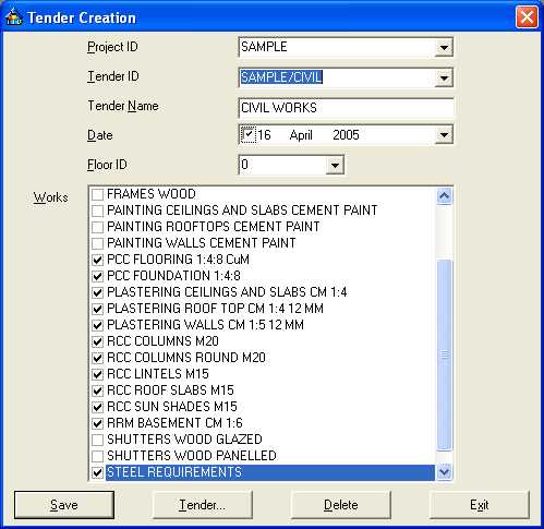Estimator 2.0 tender creation screenshot