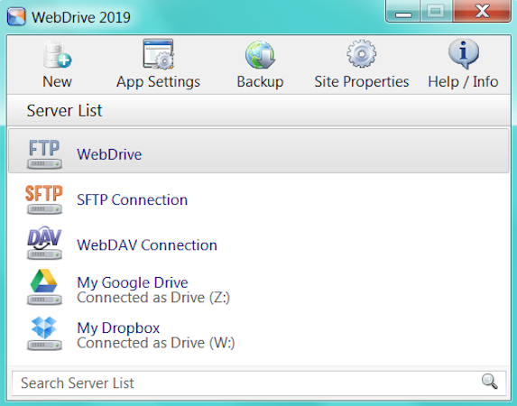 WebDrive screenshot: WebDrive server list