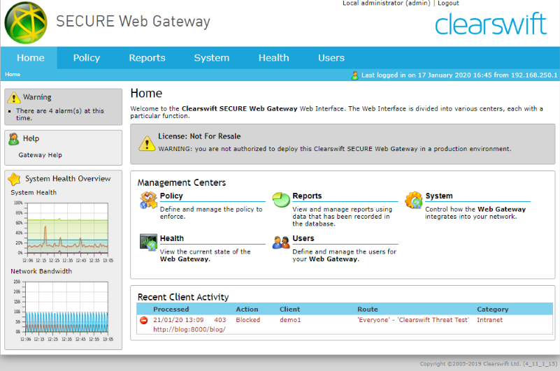 Clearswift Secure Web Gateway home view