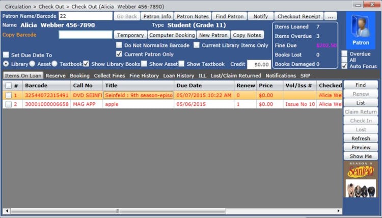 Insignia Library System screenshot: Insignia Library System check out page