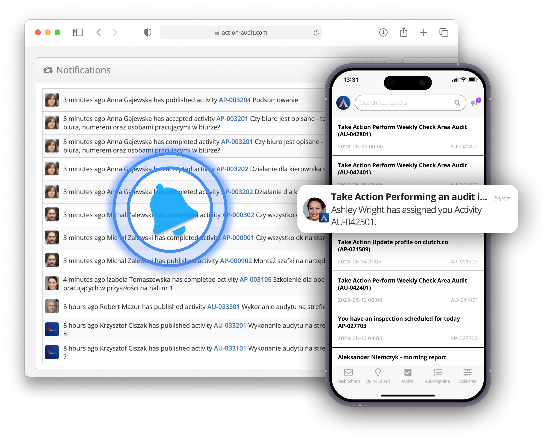 Action Audit instant email and push notifications