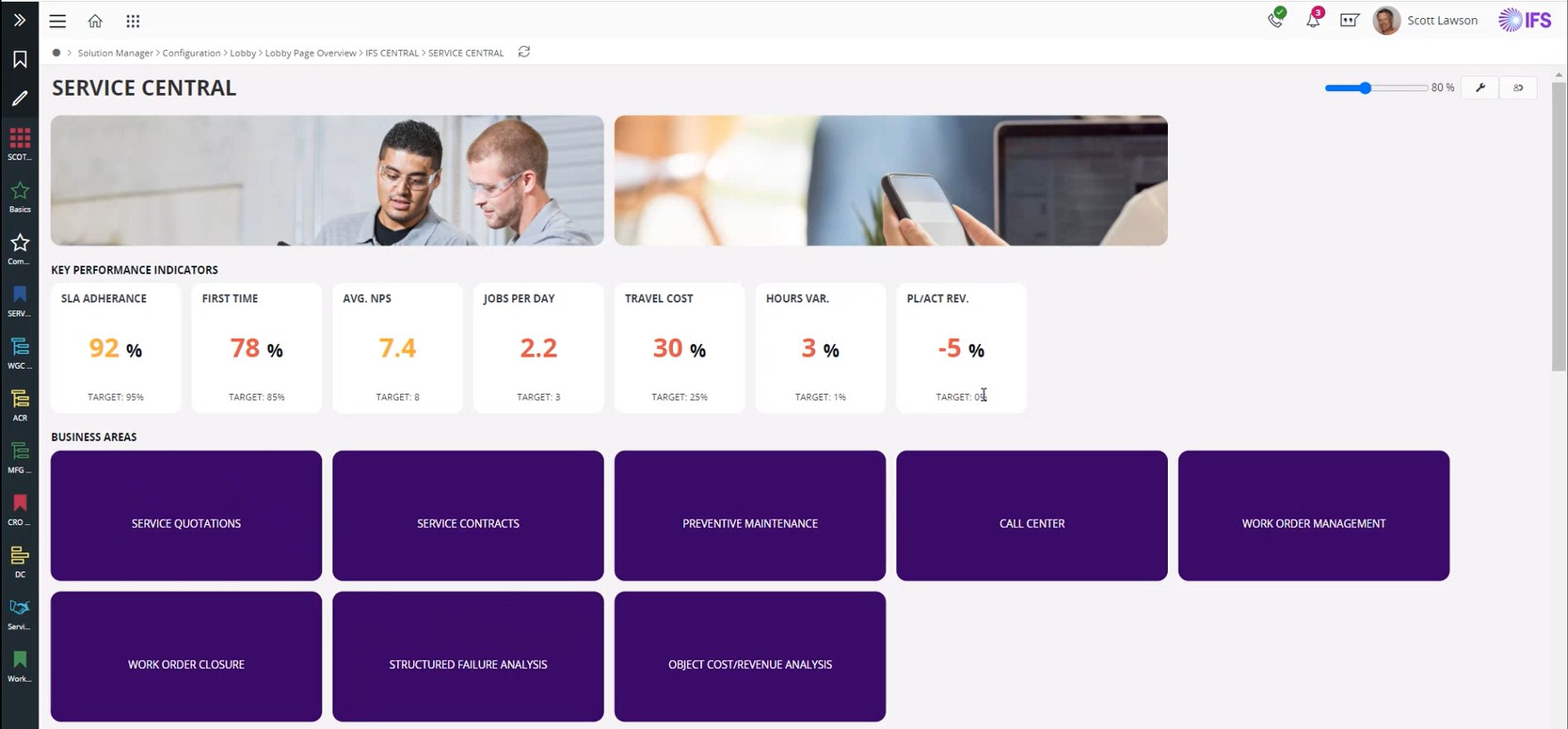 IFS Field Service Management Software - IFS Lobby includes functions to design and configure Lobby pages that retrieve data from all over IFS Cloud.