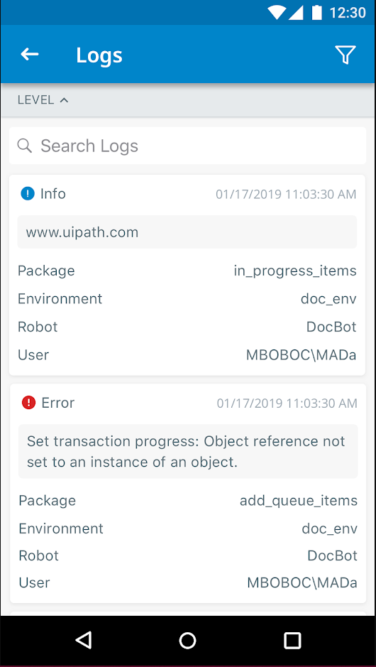 UiPath Software - UiPath Robotic Process Automation logs screenshot