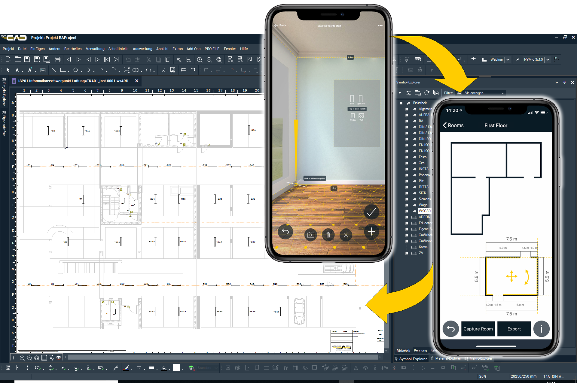 WSCAD ELECTRIX Software - Building AR app - You can use this app on your mobile device to scan rooms, windows, doors, etc. to create floor plans which can be imported in our software for further editing and electrical installation planning.