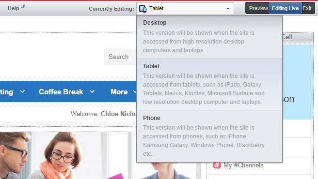 GreenOrbit Software - Control CMS options to see how the intranet/portal will look on different devices
