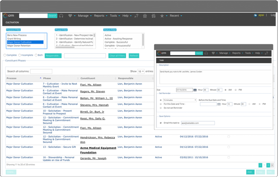Salsa CRM Software - Tasks and reminders can be created in Salsa CRM for the donor cultivation process