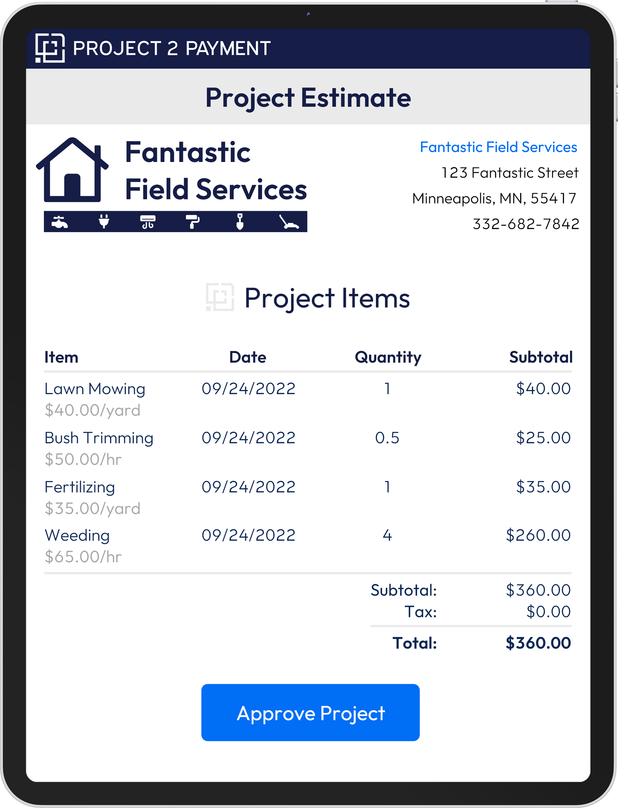 Easily create Project Estimates using your customizable Item Library within Project 2 Payment. Then send the estimate electronically to your customer for approval and/or for down payment.