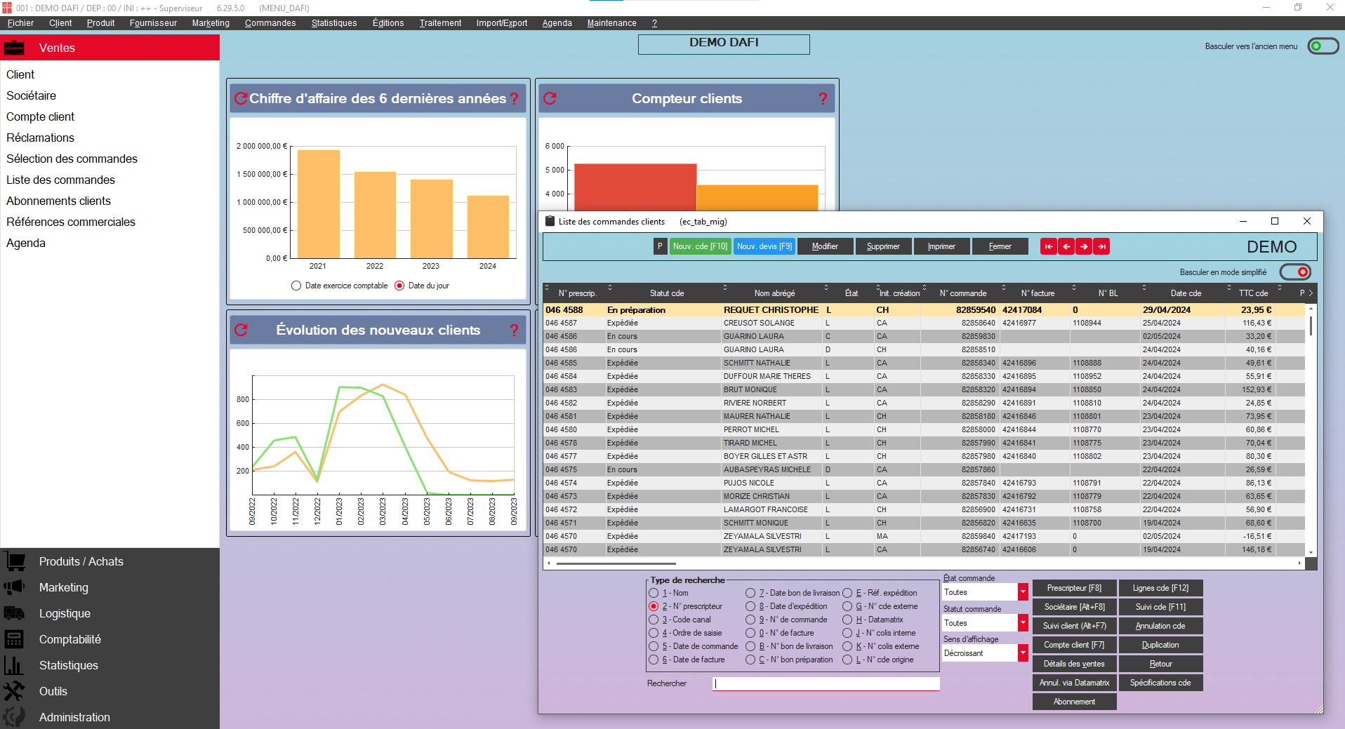 DAFI Software - Main screen with widget and order list overview