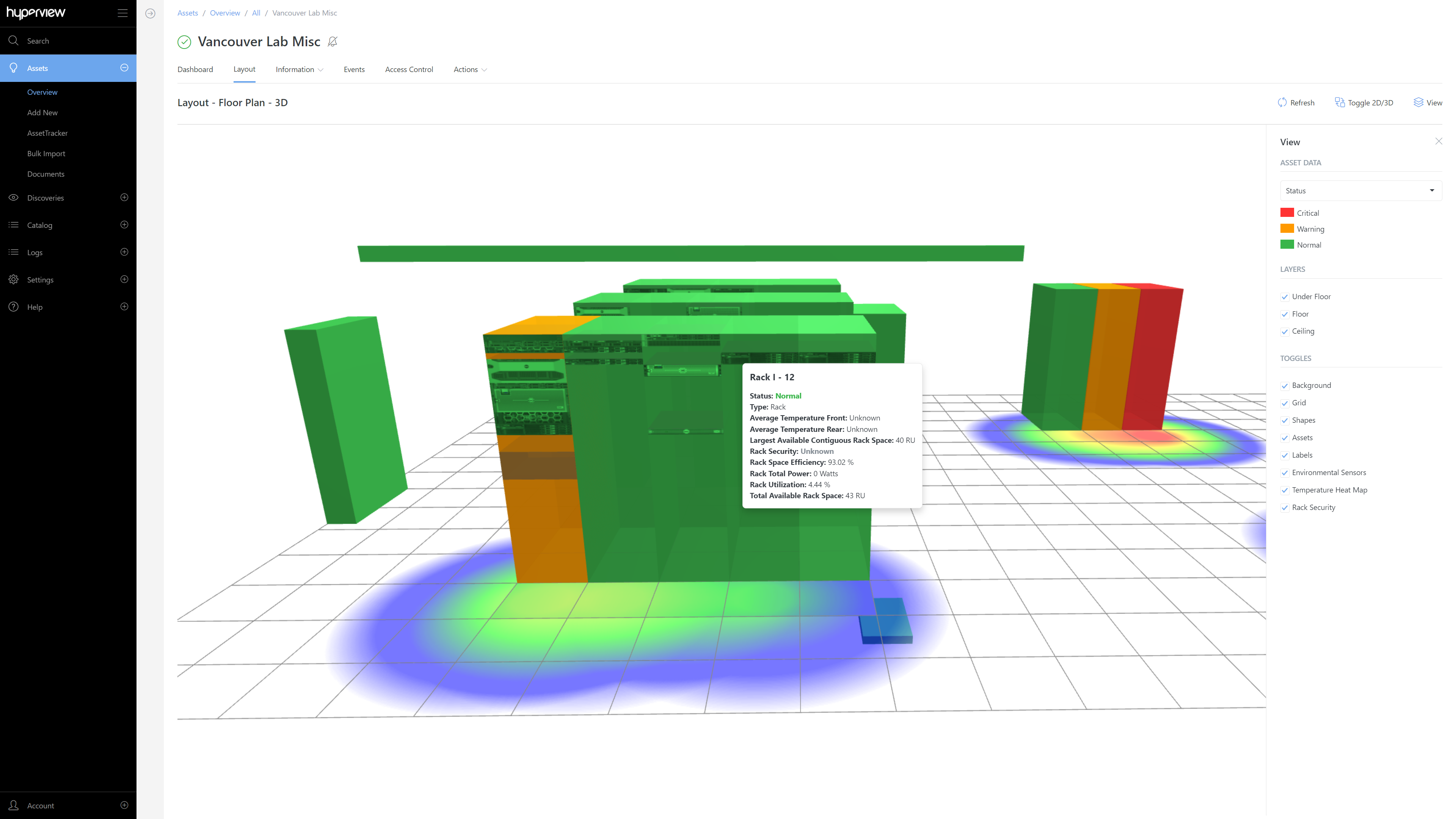 Toggle from 2D to 3D view instantly of your data center.