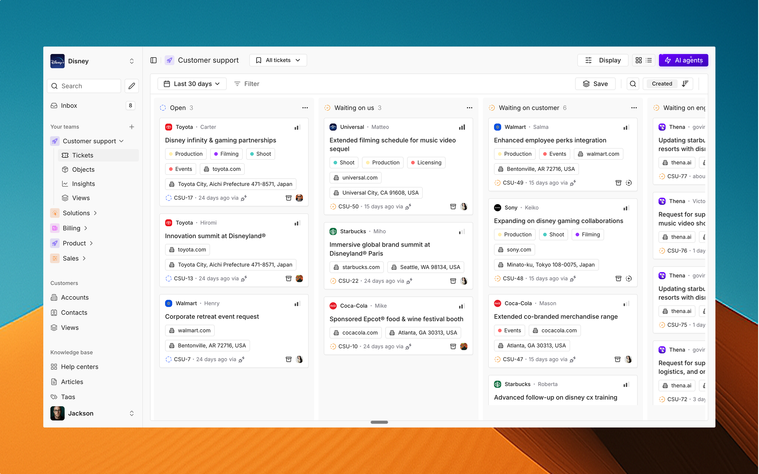 Thena screenshot: Bring all customer conversations from Slack, email, chat, MS Teams, Discord, and forms into a unified Kanban or list view, organized by team.