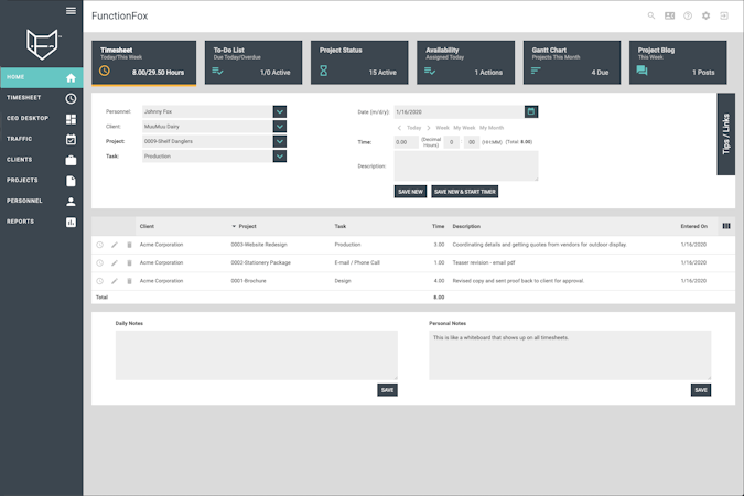 FunctionFox screenshot: Home dashboard for quick access to FunctionFox features including: Timesheet, To-Do list, Project Status and More