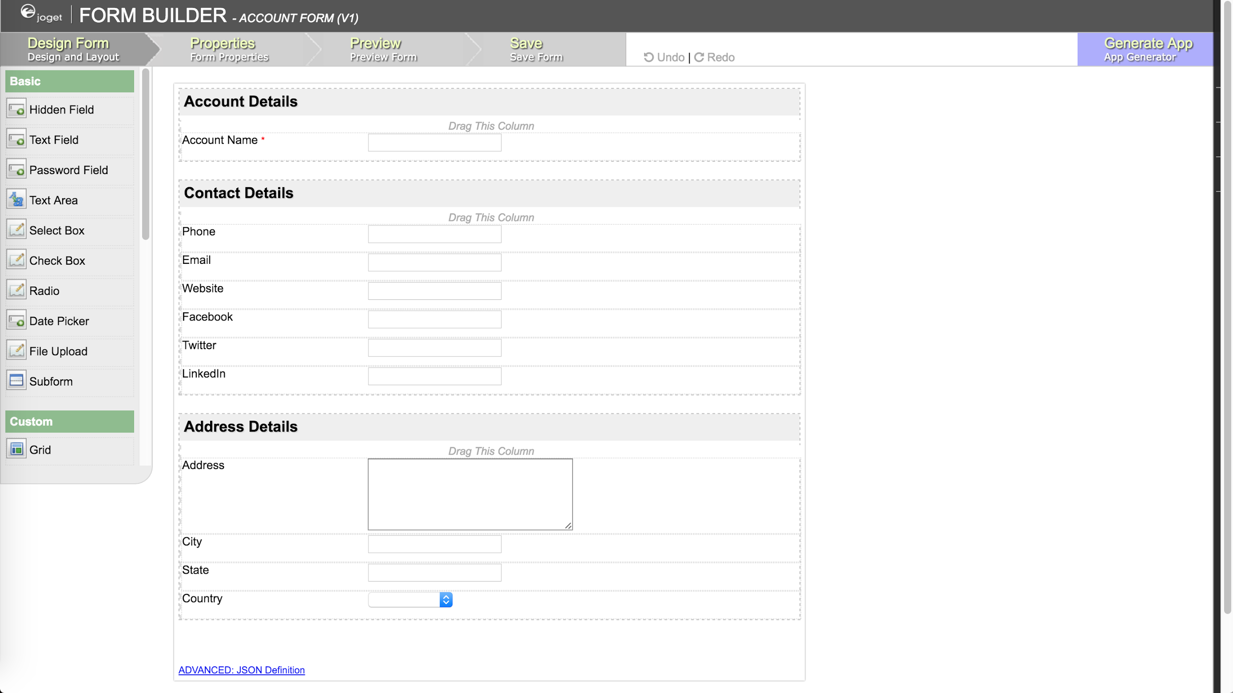 Joget Workflow Form Builder: Visually design forms with many available element.