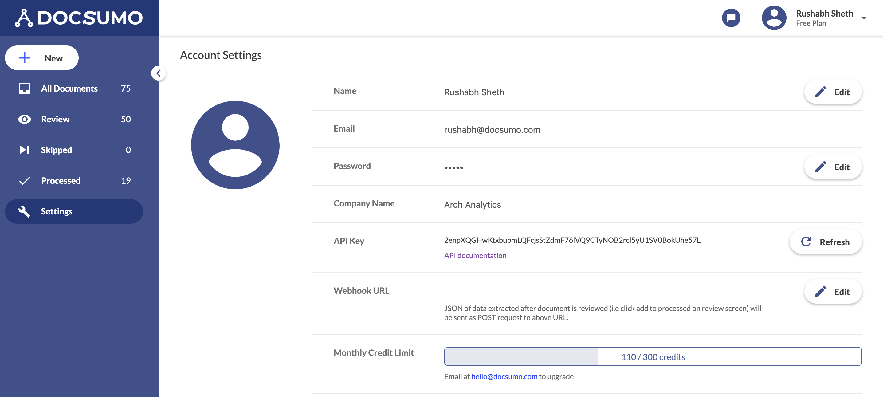 Docsumo Software - Integrate using API and view credits from the Settings page
