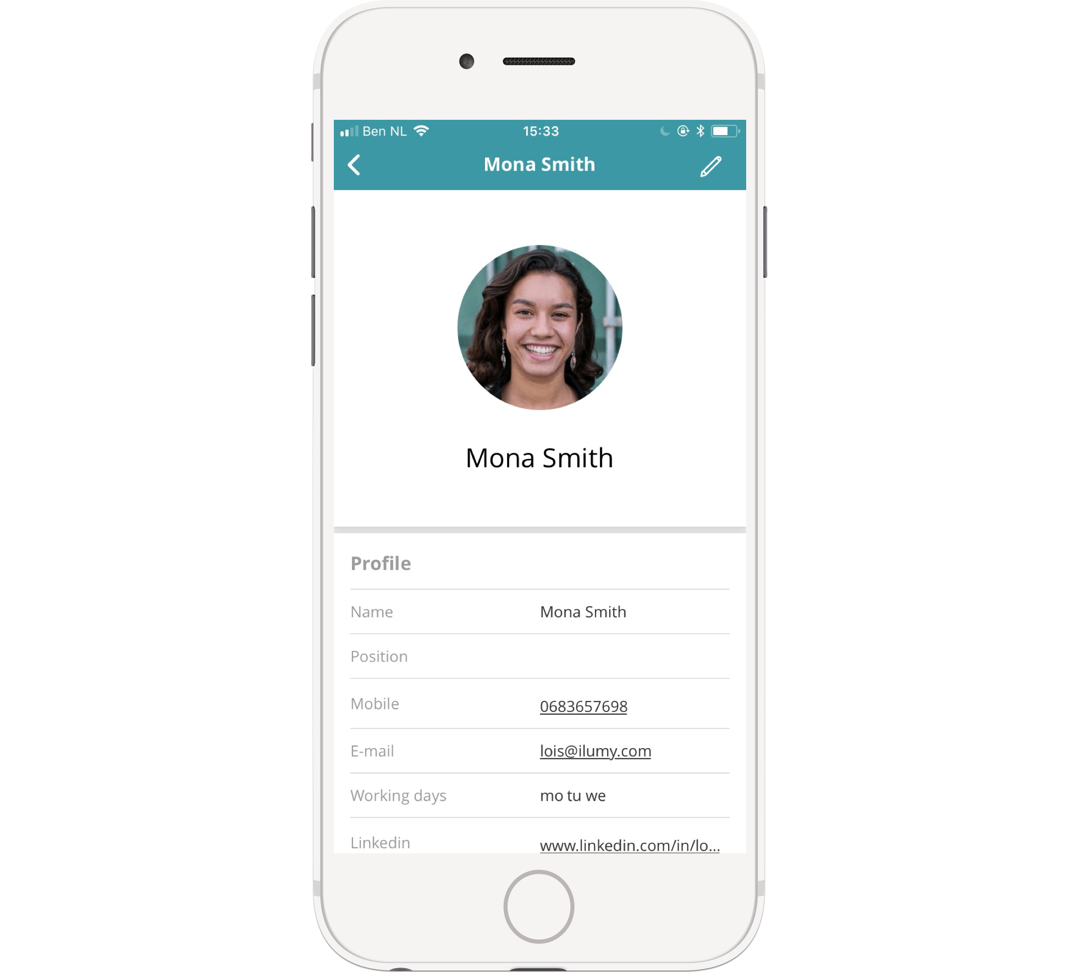 Look up a colleague in the app on your phone and click their phone number or email address to get in touch.