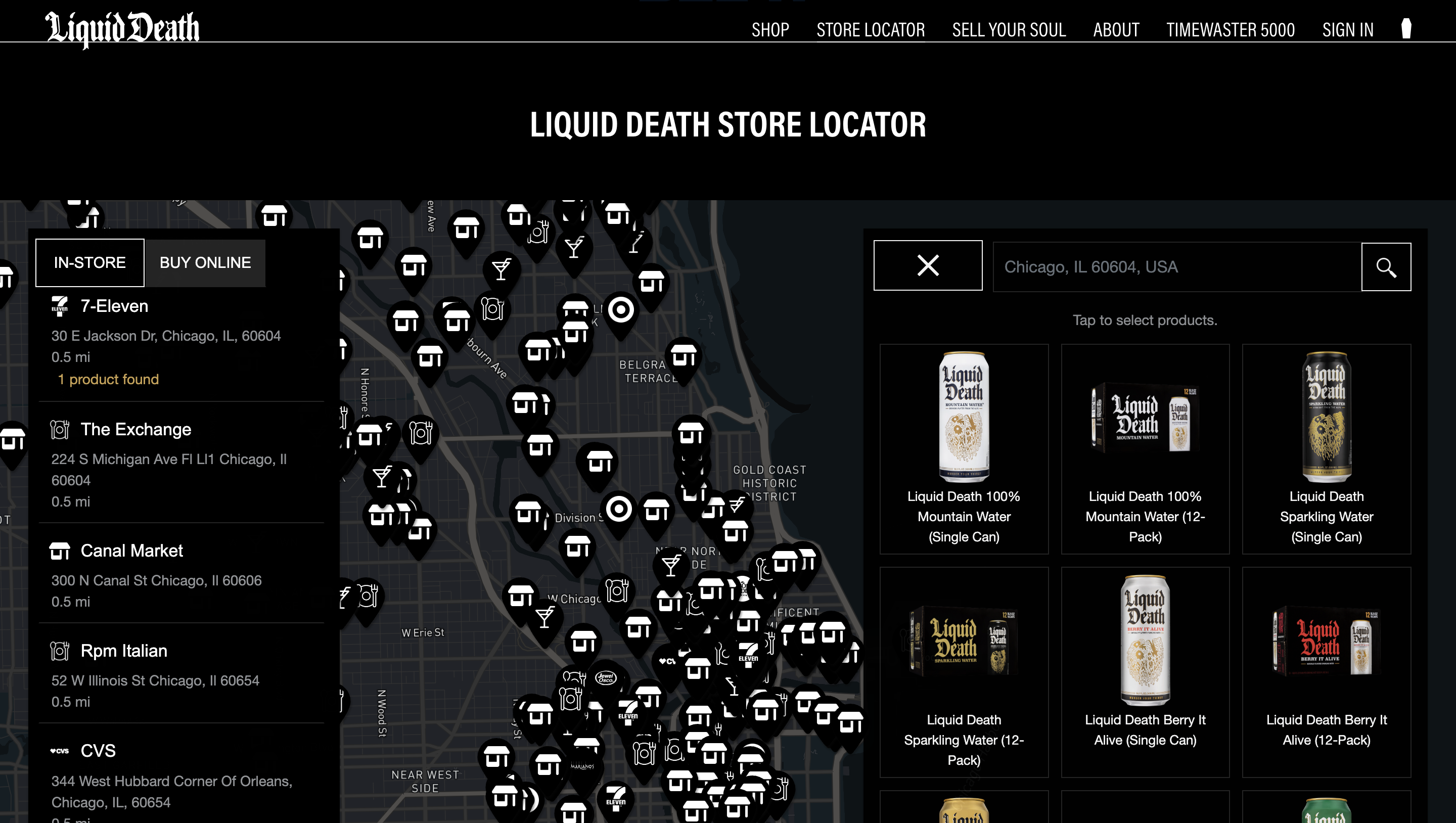 Pear Commerce Software - Liquid Death's shoppable store locator, powered by Pear. Real-time inventory scanning ensures only in-stock locations appear for any UPC in any shopper's area. View in action here: https://liquiddeath.com/pages/where-to-buy