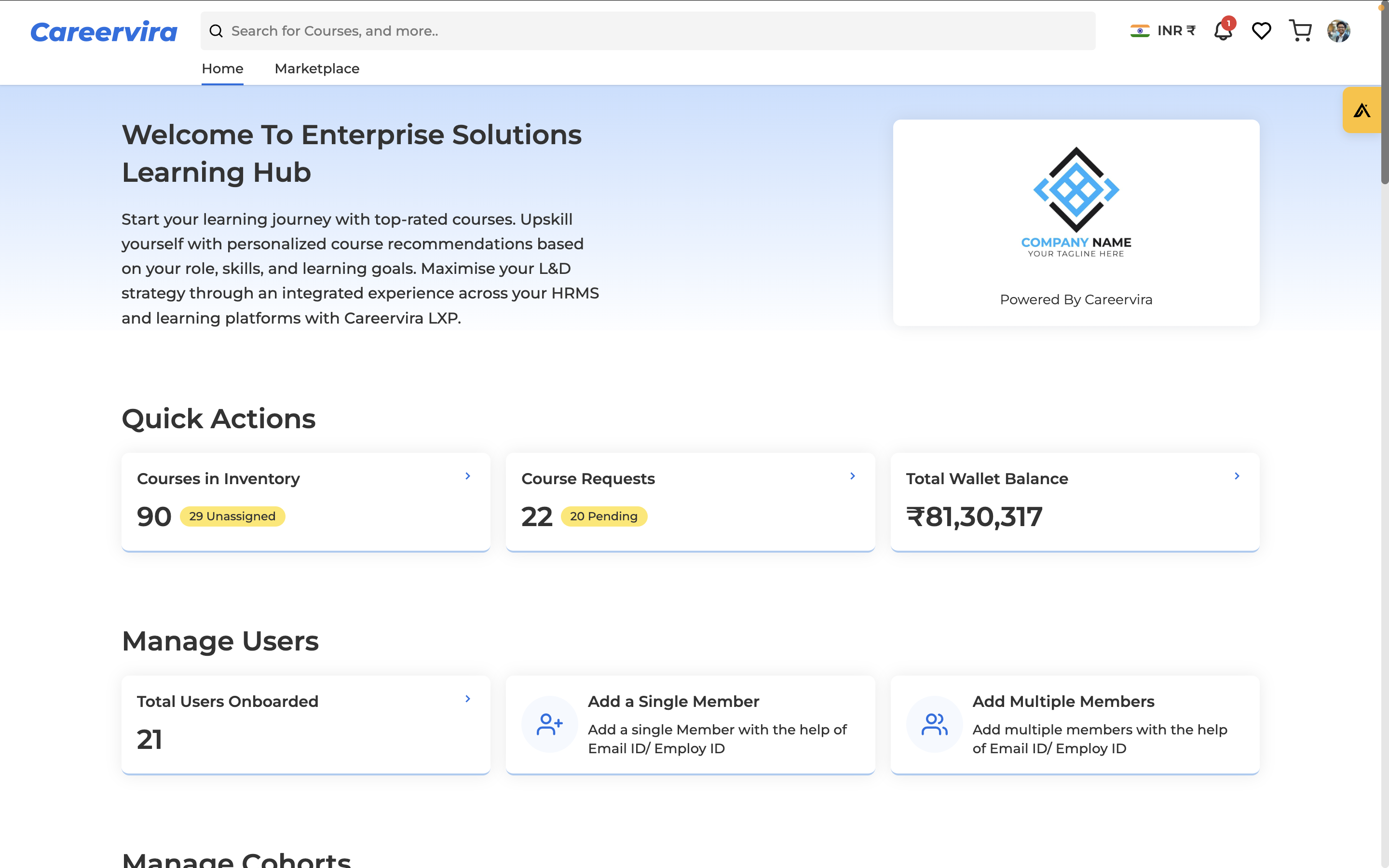 Careervira LXP screenshot: Homepage - Admin