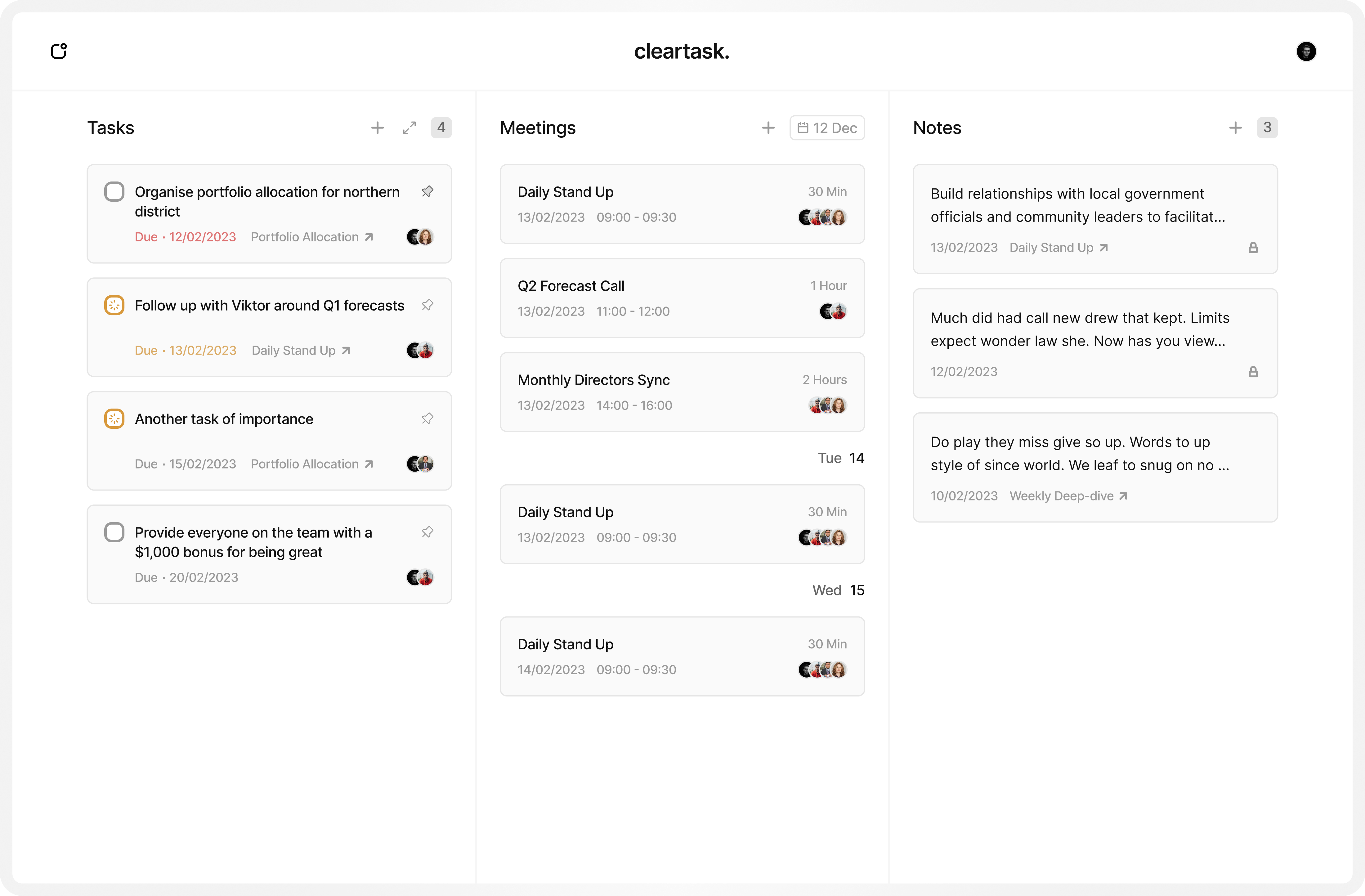 Cleartask screenshot: Cleartask view tasks, meetings, and notes