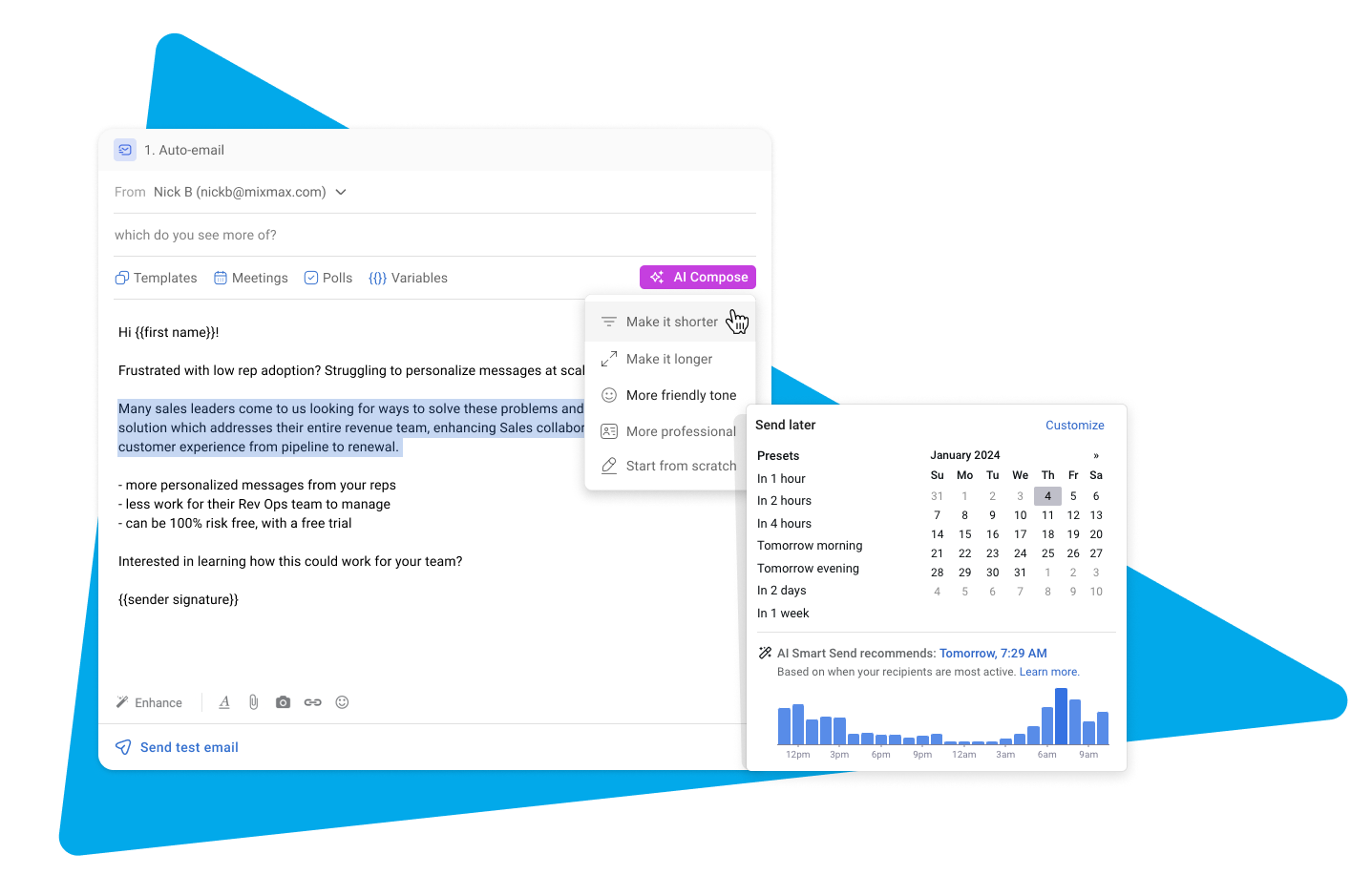 Create content faster with a writing assistant that can generate quality emails and subject lines in seconds. Save time writing to focus on other aspects of your pipeline. Increase engagement by letting AI send emails when contacts are most active. 