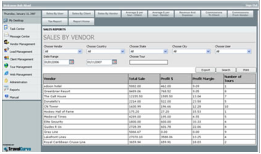 TC Tours screenshot: Generate sales reports