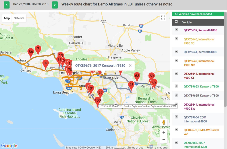 Quartix Software - View weekly route chart for each vehicle or the entire fleet