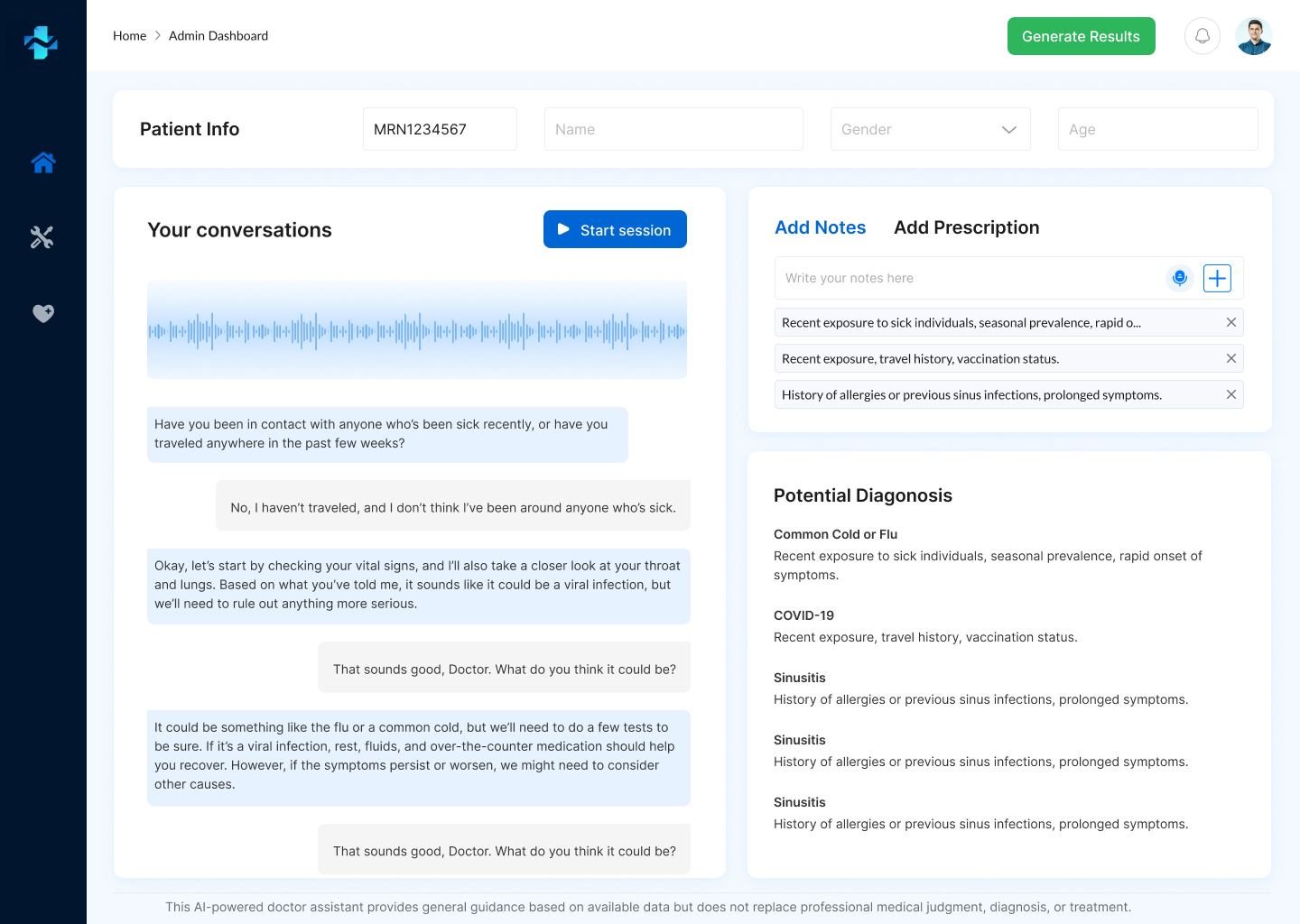 MediNoteX screenshot: MediNoteX AI potential diagonosis