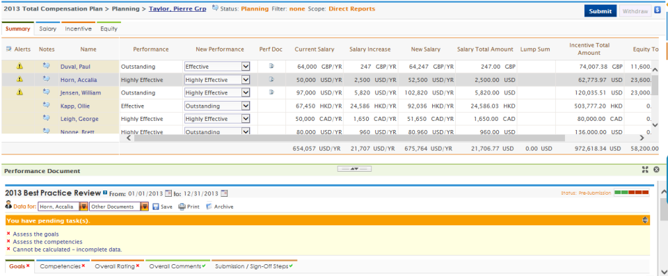 HRsoft Compensation Management Software - Compensation can be awarded to employees based on performance though COMPview