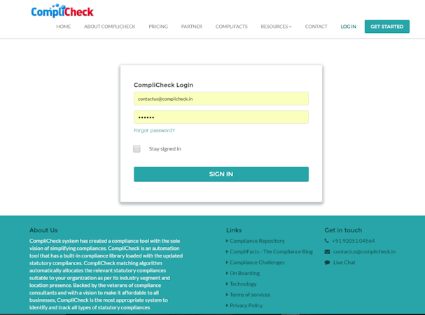 CompliCheck screenshot: Login to CompliCheck securely with an email address and password