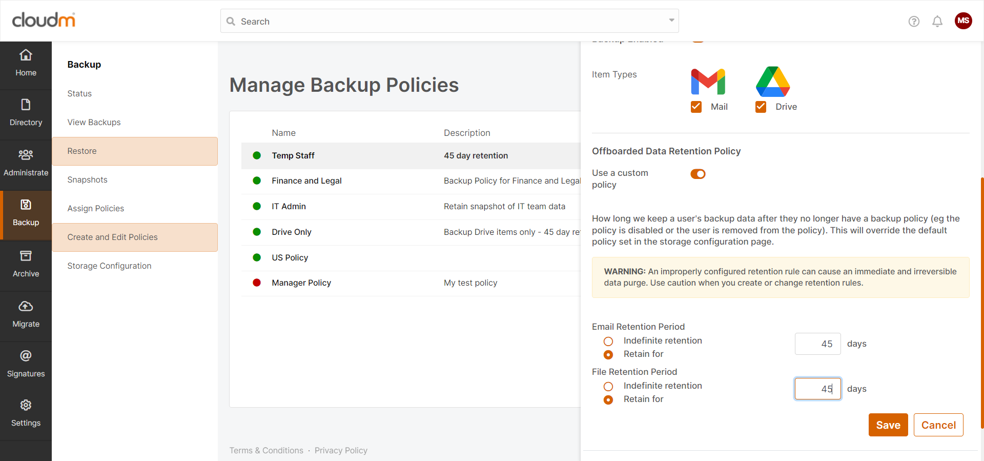 CloudM Backup data retention policy