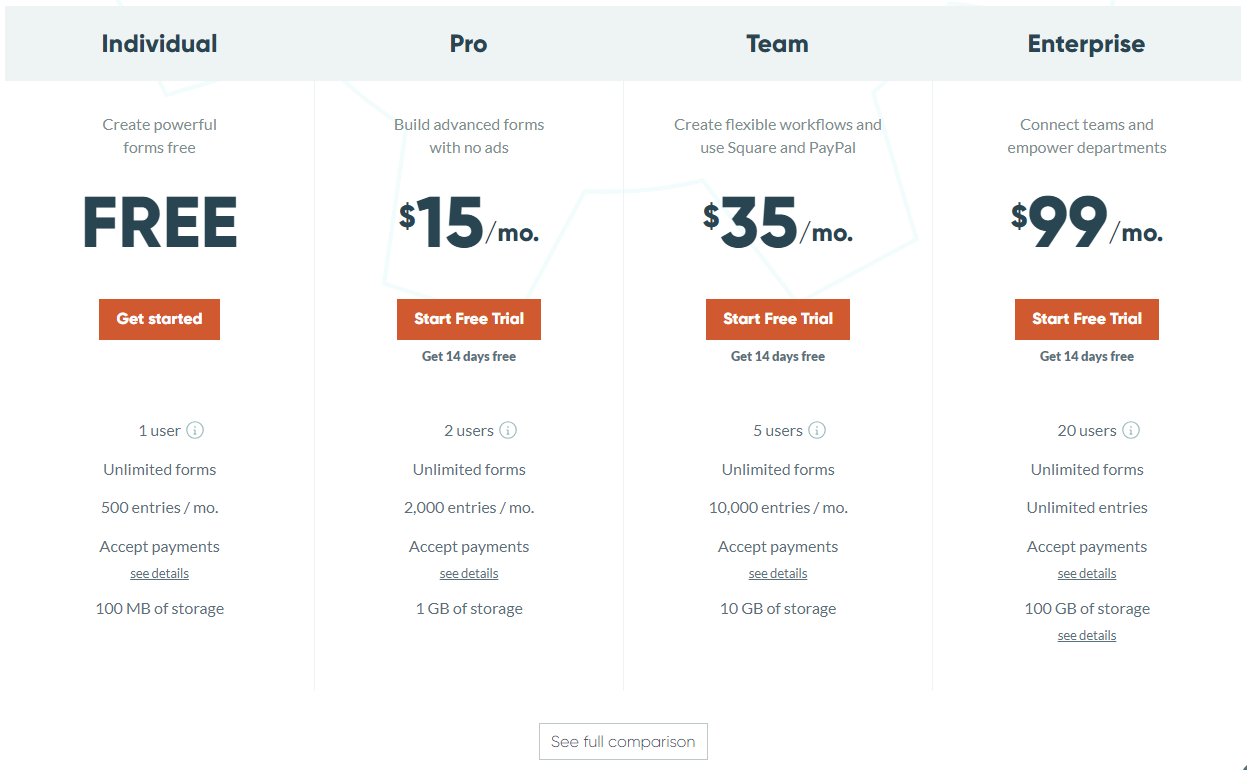 Create powerful forms with our always-free Individual plan. With the Pro plan, build advanced forms with no ads. Create flexible workflows and use Square or PayPal with the Team plan. Connect teams and empower departments with the Enterprise plan. 